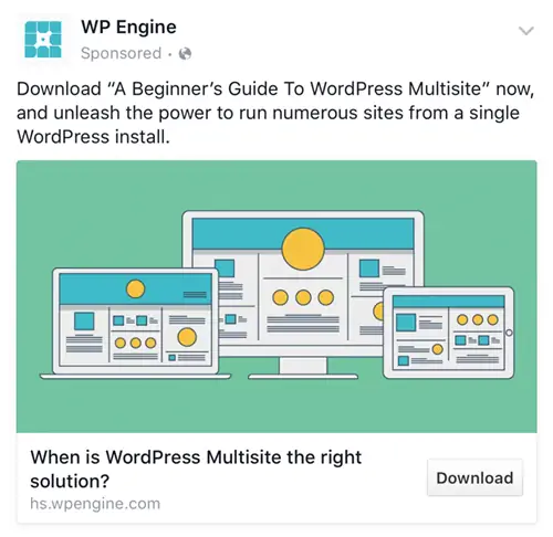 Пример рекламы WPEngine B2B в Facebook