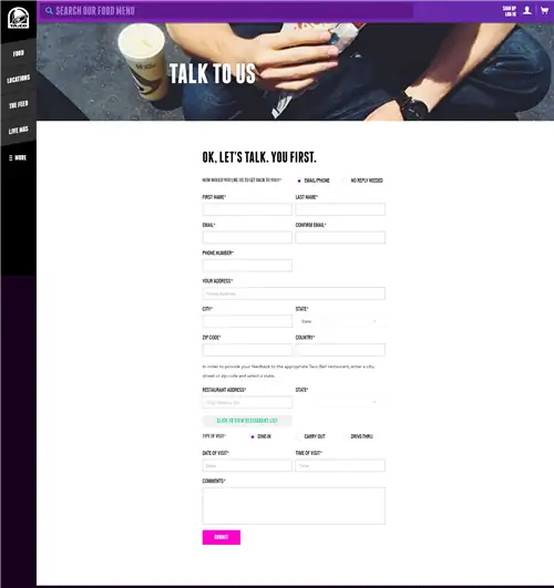 Страница контактов Taco Bell с нами