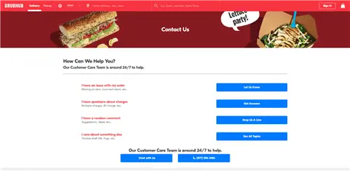 Страница контактов Grubhub