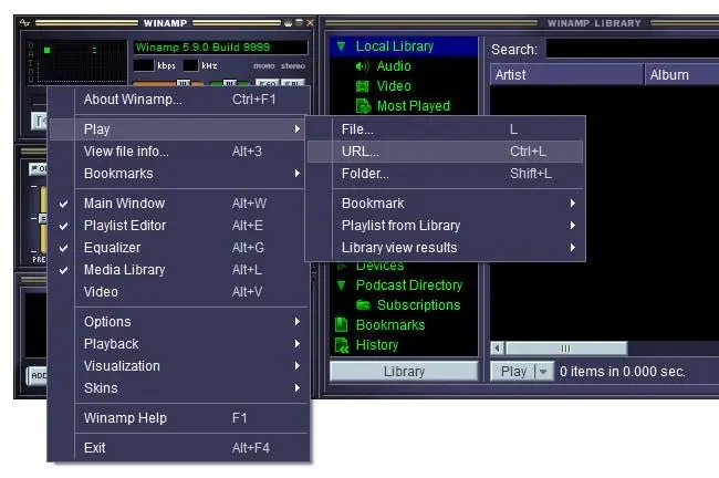 изображение, показывающее, как выбрать источник воспроизведения в Winamp