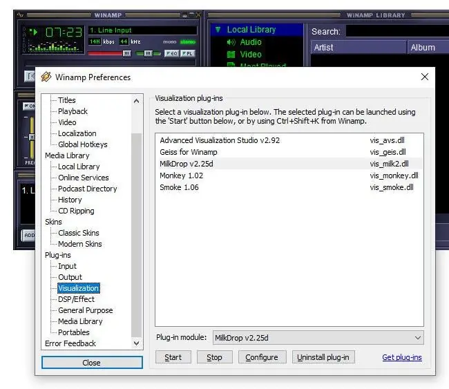 изображение, показывающее меню выбора визуализации Winamp