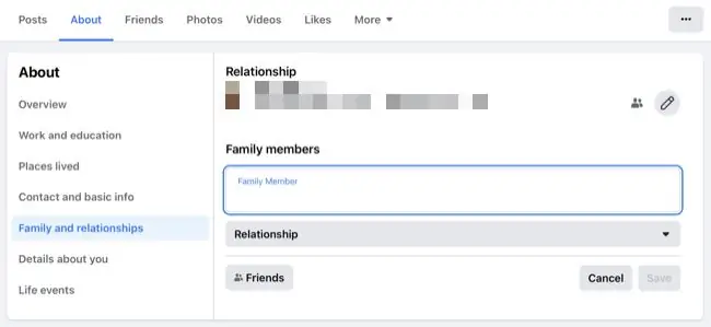 Добавьте членов семьи или отношения с Facebook