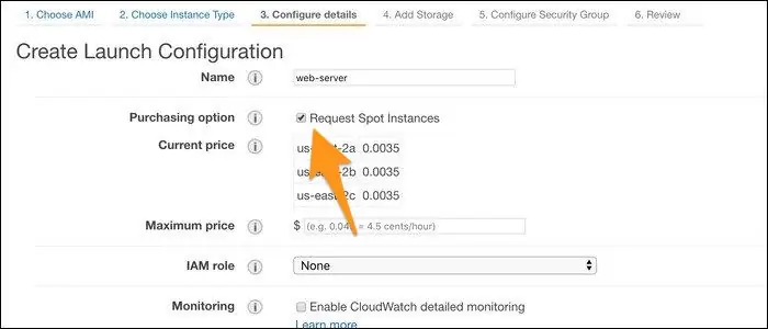 Создайте новую конфигурацию запуска на вкладке «Автоматическое масштабирование», а на вкладке «Сведения о настройке» установите флажок «Запросить спотовые инстансы»