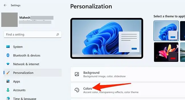 Выберите «Цвета» в приложении «Настройки» Windows 11 Выберите «Цвета» в приложении «Настройки» Windows 11