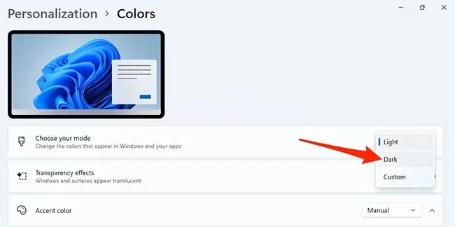 Выберите «Темный» в настройках Windows 11 Выберите «Темный» в настройках Windows 11