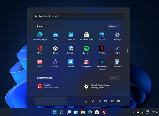 Меню «Пуск» Windows 11 с включенным темным режимом Меню «Пуск» Windows 11 с включенным темным режимом