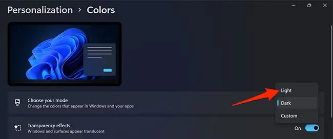 Выберите Light в настройках Windows 11 Выберите Light в настройках Windows 11