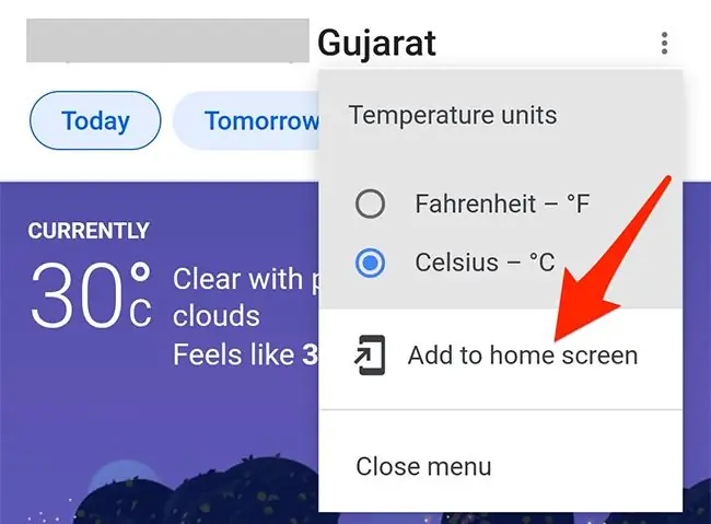 Выберите «Добавить на главный экран» в меню карты погоды в приложении Google