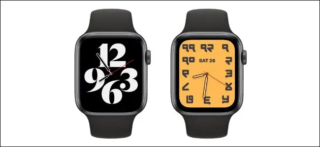 Циферблат с типографикой по умолчанию на одних Apple Watch и настраиваемая версия с другим фоном и цифрами на других Циферблат с типографикой по умолчанию на одних Apple Watch и настраиваемая версия с другим фоном и цифрами на других