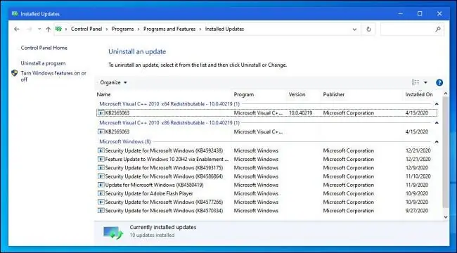 Просмотр установленных обновлений в Панели управления Windows 10 Просмотр установленных обновлений в Панели управления Windows 10