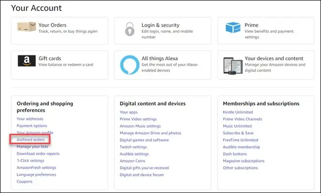 Диалог вашей учетной записи Amazon с выноской вокруг ссылки на архивные заказы