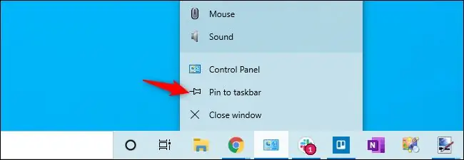 Закрепление ярлыка панели управления на панели задач Windows 10