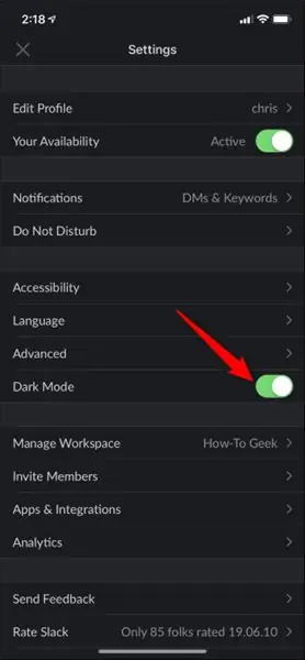 Возможность включить темный режим в Slack на iPhone Возможность включить темный режим в Slack на iPhone