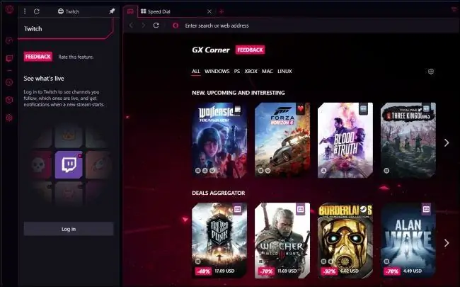 Opera GX Corner и боковая панель Twitch Opera GX Corner и боковая панель Twitch