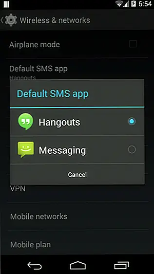 Эта опция позволяет вам выбрать приложение по умолчанию для SMS между Hangouts, Messaging и любыми сторонними опциями, которые вы, возможно, установили. Эта опция позволяет вам выбрать приложение по умолчанию для SMS между Hangouts, Messaging и любыми сторонними опциями, которые вы, возможно, установили.
