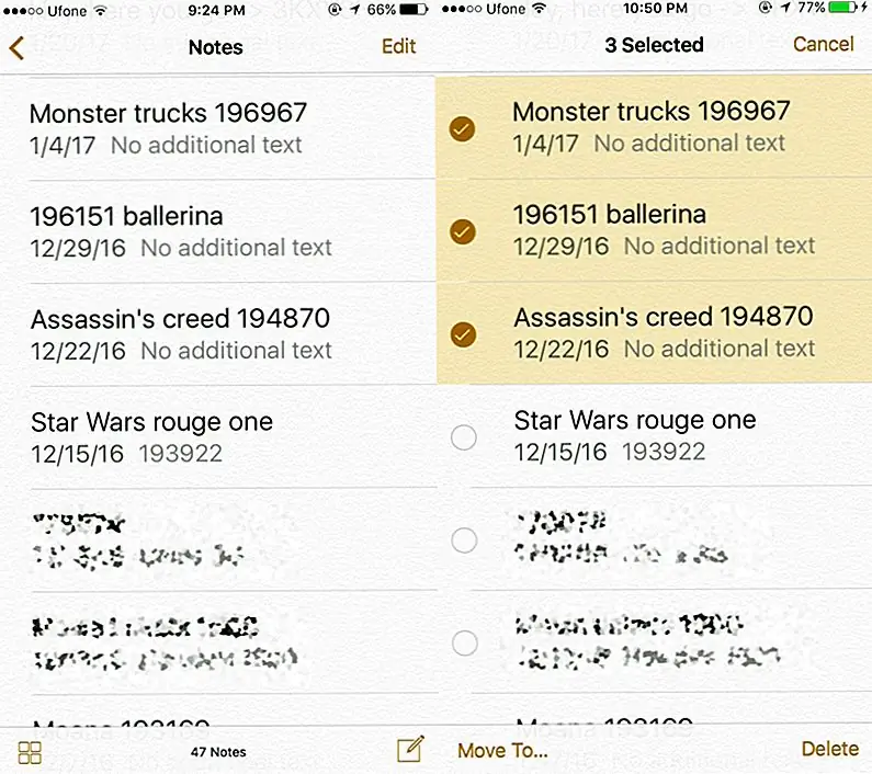 Вы увидите тот же экран «Выберите папку», что и при перемещении одной заметки. Вы можете создать новую папку или переместить заметки в существующую папку.