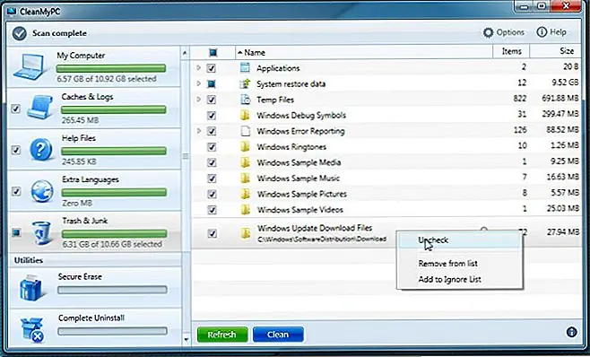После завершения сканирования вы можете просмотреть список для каждого элемента, присутствующего в левой боковой панели. Перед очисткой всех отсканированных объектов вы можете снять любой важный файл, чтобы предотвратить удаление, добавить его в список игнорируемых сканирований или просто удалить его из списка.