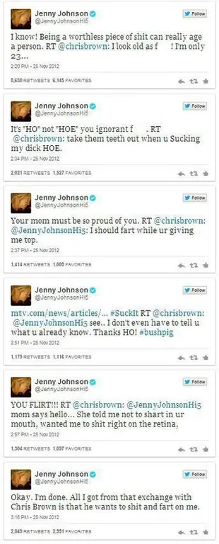 Хотя Крис Браун не был любимым человеком после скандала с оскорблениями вокруг подруги Рианны, в частности, одна комедийная актриса, техасская писательница Дженни Джонсон, хотела, чтобы певица R & B узнала, как она к нему относится. Небольшое преследование прошло долгий путь, и Браун быстро удалил свой аккаунт, но только после того, как он написал в Твиттере
