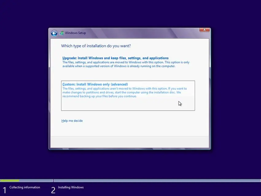 В конце концов вам придется выбирать между «обновленной установкой» и «выборочной установкой». Выберите «пользовательский». Обновление кажется приятным, когда все ваши файлы и программы уже установлены, но вы получите лучшую производительность при пользовательской установке, которая удалит раздел, на котором установлена текущая операционная система. Кроме того, это улучшает общую скорость вашего компьютера