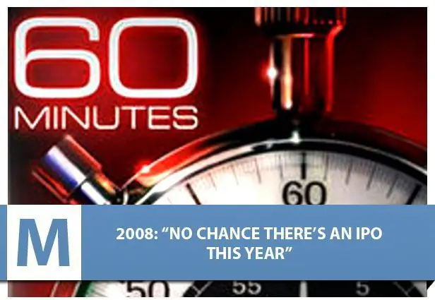 В интервью журналу «60 минут в январе» Марк Цукерберг заявил, что в этом году шансов на IPO в Facebook не было. В августе Facebook оценил себя в 4 миллиарда долларов, а затем начал разрешать полностью доверенным сотрудникам продавать 20% своих акций на основе этой оценки. Изображение предоставлено 60 минут