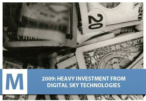 Facebook получает инвестиции в размере 200 миллионов долларов от Russian Digital Sky, который купил 1,96% компании. Эти инвестиции увеличили оценку Facebook до 10 миллиардов долларов. Позже в 2009 году вышли две другие оценки богатства, которые понизили оценку Facebook, вероятно, из-за того, что стали понятны дополнительные условия сделки с Digital Sky. Изображение предоставлено dborman; Flickr