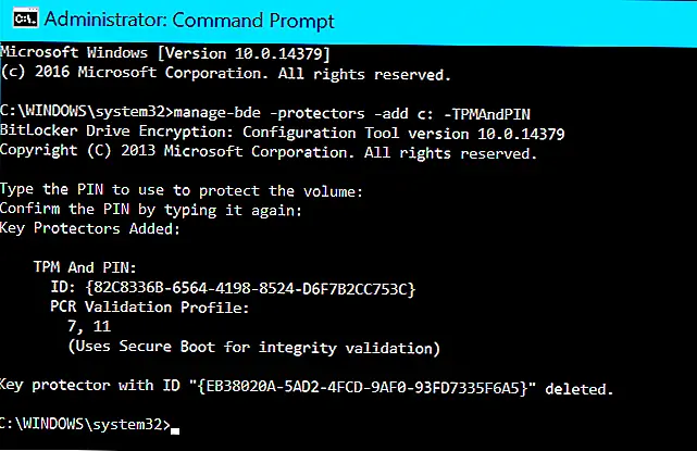 Чтобы дважды проверить, был ли добавлен защитник TPMAndPIN, вы можете запустить следующую команду: