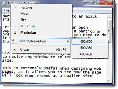 Sizer - бесплатная утилита, которая позволяет изменять размер любого окна до точного предопределенного размера в контекстном меню правой кнопки мыши. Он также позволяет вам повторно установить окно с измененным размером в точную предопределенную позицию, если это необходимо.