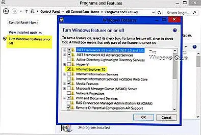Открыть панель управления> Все элементы панели управления> Программы и функции> Включить или отключить функции Windows. Теперь снимите флажок Internet Explorer 10. Нажмите «ОК». По завершении удаления перезагрузите компьютер. Теперь снова откройте этот параметр, и на этот раз проверьте окно Internet Explorer и перезагрузите компьютер.