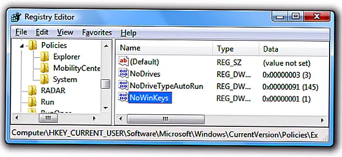 Отключить клавиши быстрого доступа Win + X в Windows 7 или Vista