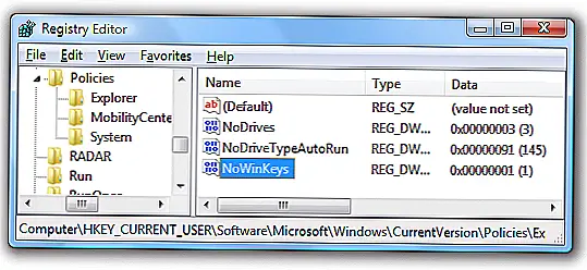 Создайте 32-разрядное значение DWORD под названием NoWinKeys и установите значение 1. Вам нужно будет войти в систему и отступить, чтобы изменения вступили в силу.