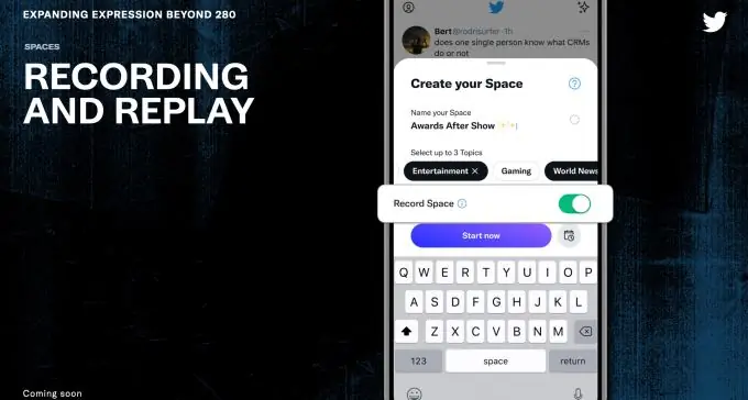 Twitter поделился новым предварительным просмотром опции записи Coming Spaces
