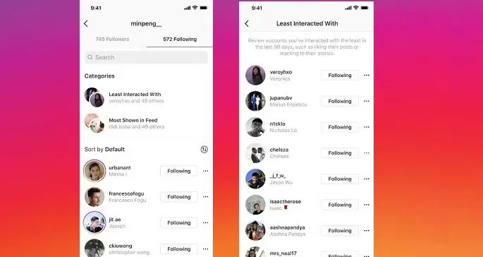 Instagram добавляет новые списки «Наименее взаимодействующие с» и «Наиболее показанные в ленте» в следующей вкладке