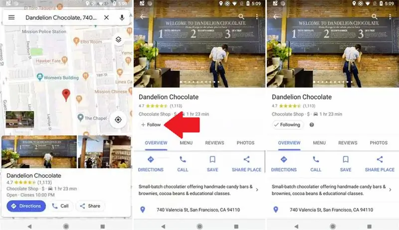 Кнопка «Подписаться» на Картах Google