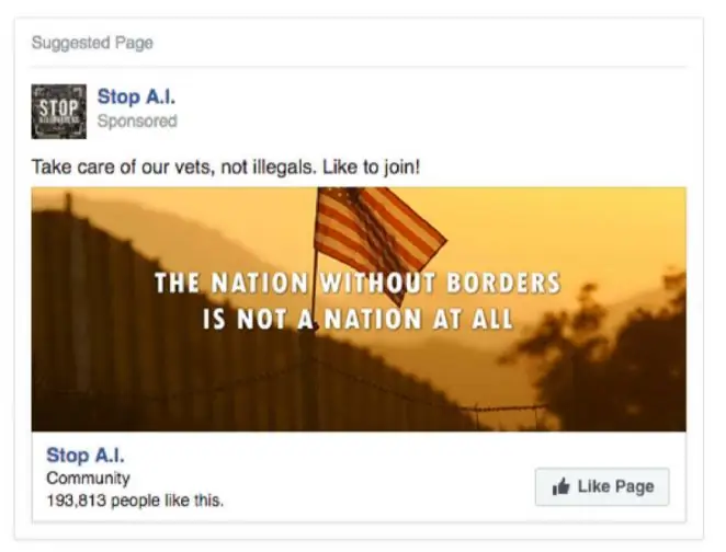 Пример рекламы в Facebook, запущенной группой, поддерживаемой Россией