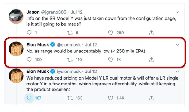Твит Илона Маска - Модель Y S 250 миль EPA неприемлемо