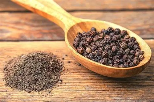 Большие перчинки в деревянной ложке с молотым перцем