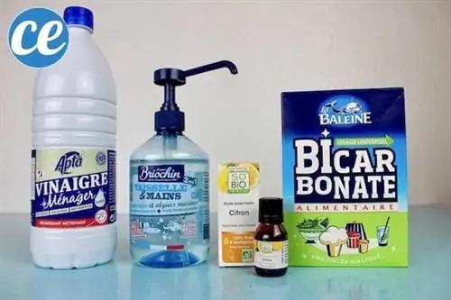 Белый уксус, жидкость для мытья посуды, пищевая сода и эфирное масло лимона
