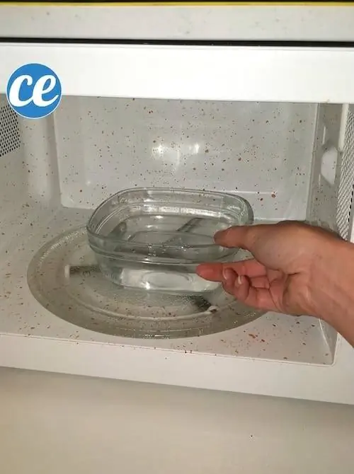 поместите миску белого уксуса в микроволновую печь