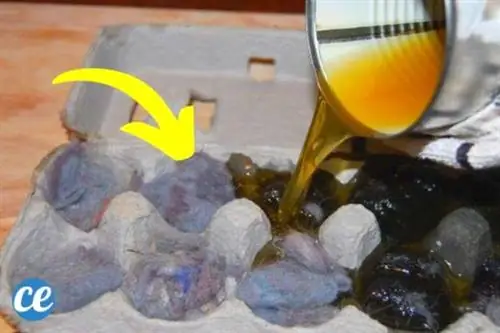 Расплавленный воск, остатки сушилки и картонная коробка для яиц для разжигания огня.