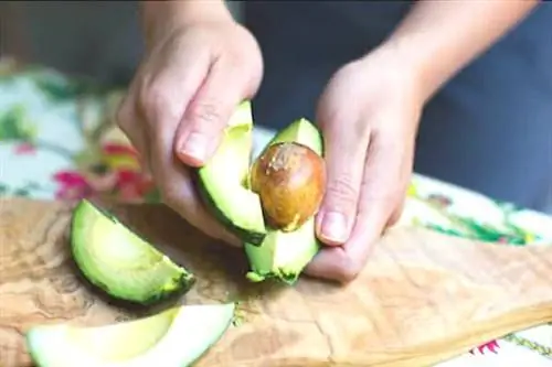 Авокадо разрезать на четвертинки с видимой косточкой