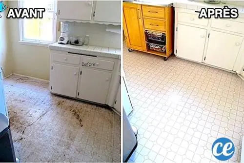 Очень грязный пол из ПВХ слева и очень чистый пол после очистки белым уксусом