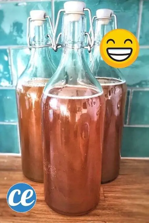 3 бутылки домашнего чайного гриба на деревянной столешнице с кафельным полом на заднем плане.