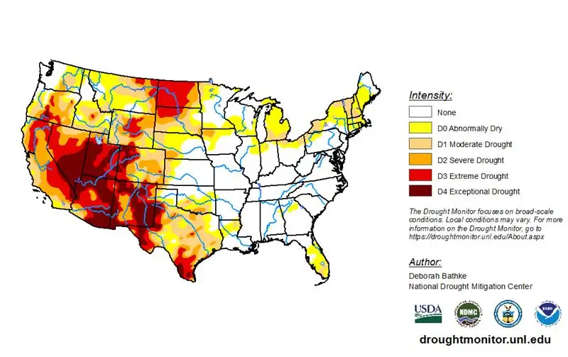 Большая часть юго-запада США и Калифорнии находятся в условиях сильной или исключительной засухи.