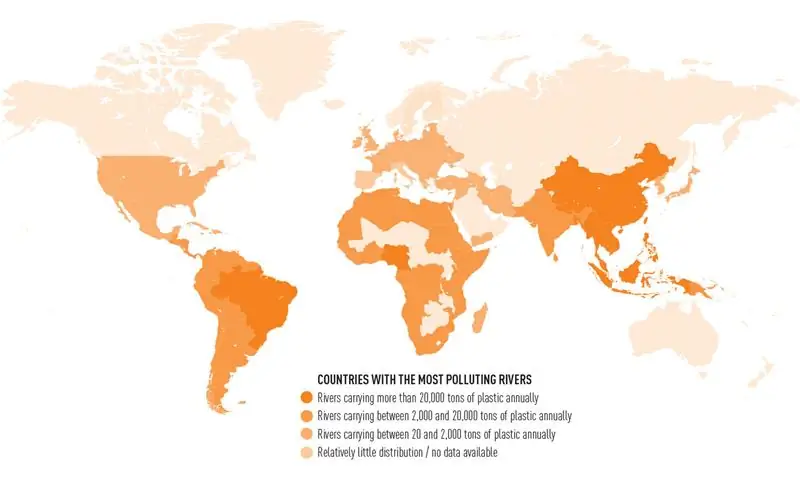 Карта тонн пластика, ежегодно попадающего в Мировой океан по реке