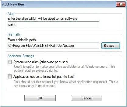 псевдоним окна запуска