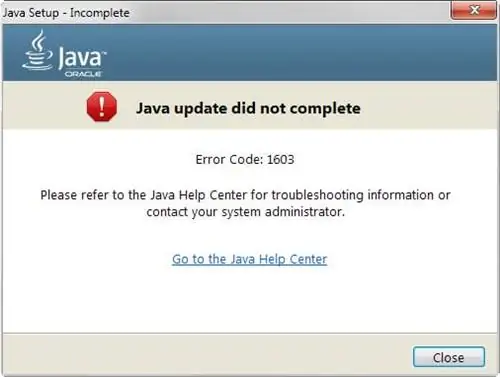 обновление Java не завершилось, код ошибки 1603
