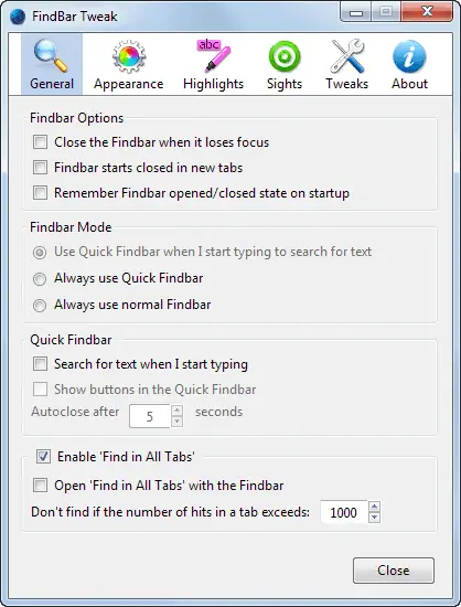 FindBar Tweaks значительно улучшает поиск на странице Firefox: включает функцию поиска на всех вкладках
