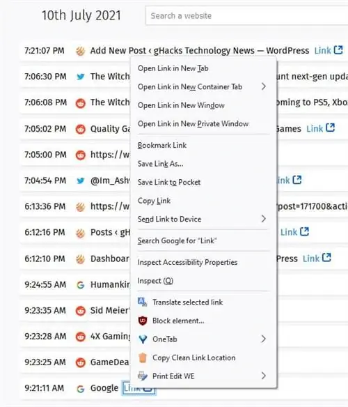 Улучшенная история - контекстное меню