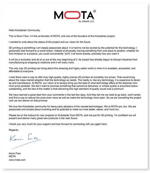 3D-принтер mota отменяет кикстартер 3D-принтер mota отменяет кикстартер
