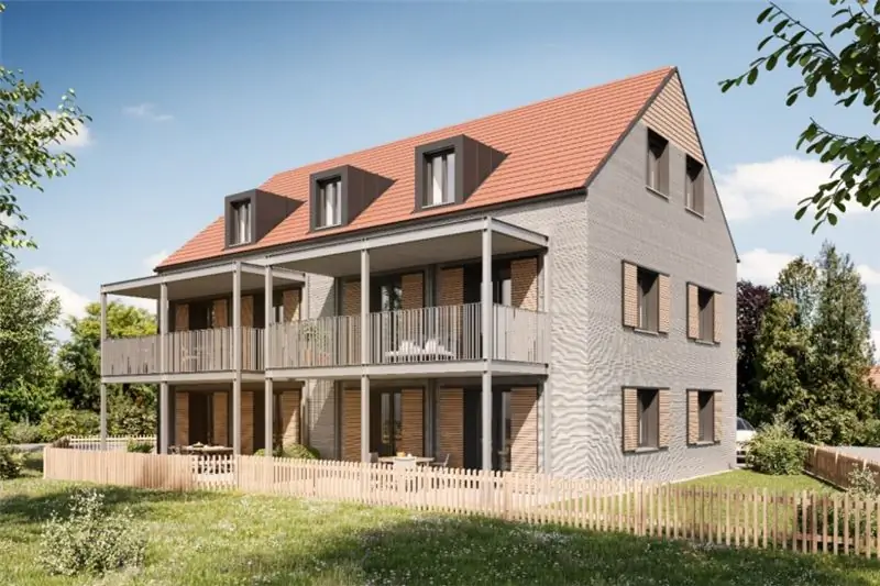 Визуализация трехэтажного коммерческого многоквартирного дома для 3D-печати в Германии.